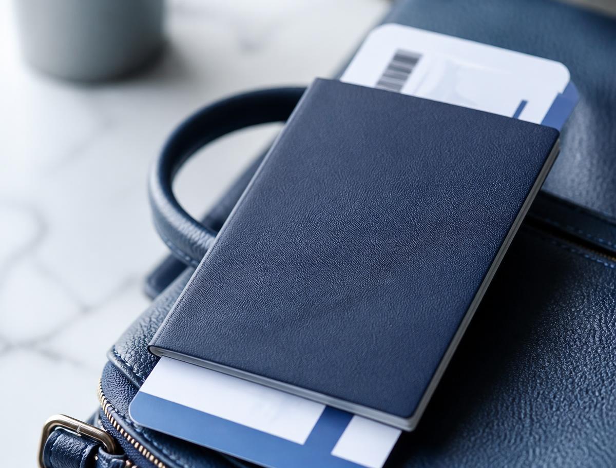 Navy passport resting on a boarding pass and travel bag
